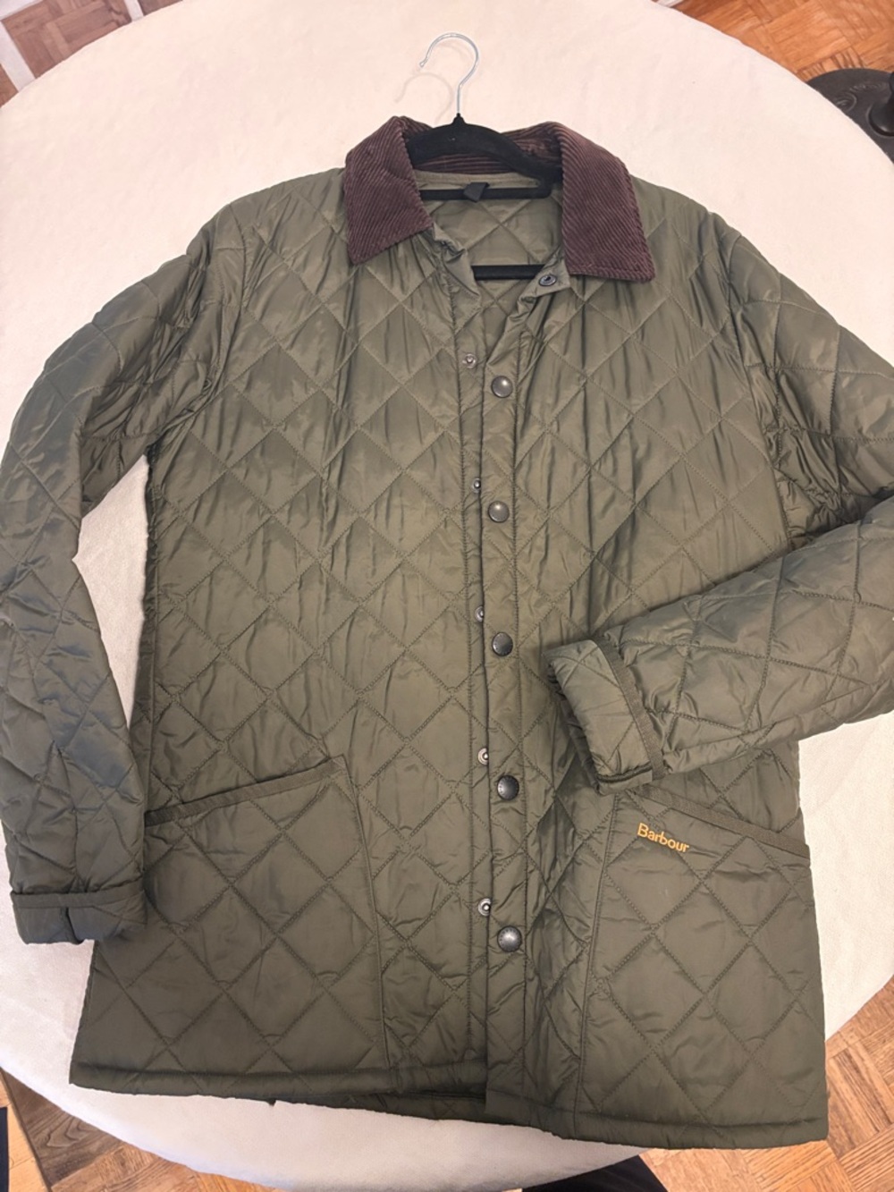 Barbour Olive Quilted Field Jacket with Brown Cord Collar